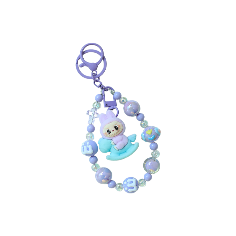 Flocked Labubu Keychain Rocking Horse Character Bag Charm Pendant with Chain