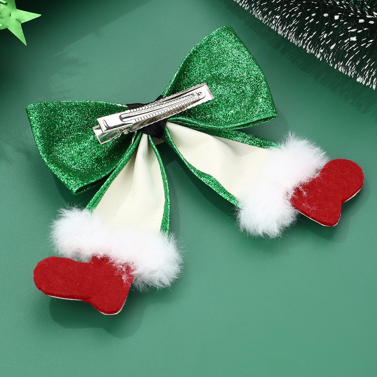 Christmas Glitter Bow Hair Clip with Santa Belt and Furry Trim Holiday Hair Accessory