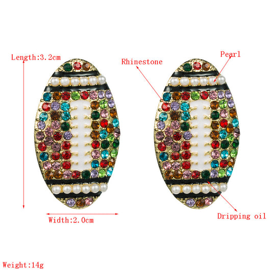 Sparkling Rhinestone Football Stud Earrings Alloy Sports-Inspired Jewelry for Women