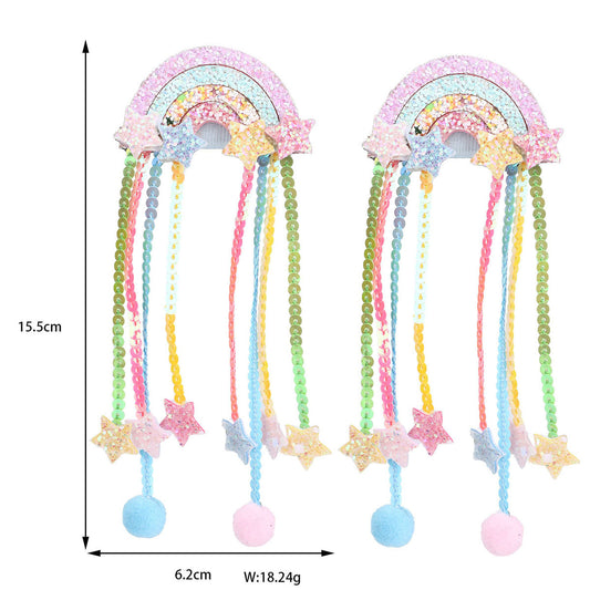 Girls Rainbow Pom Pom Hair Clips Glitter Stars and Tassel Ribbons Sweet Hair Accessories