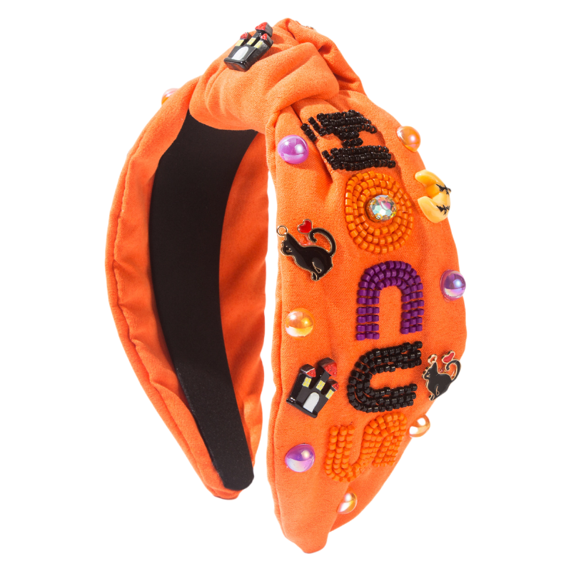 Halloween Fall Pumpkin Hocus Cat Headband Seed Beads Rhinestones Pearl Knot