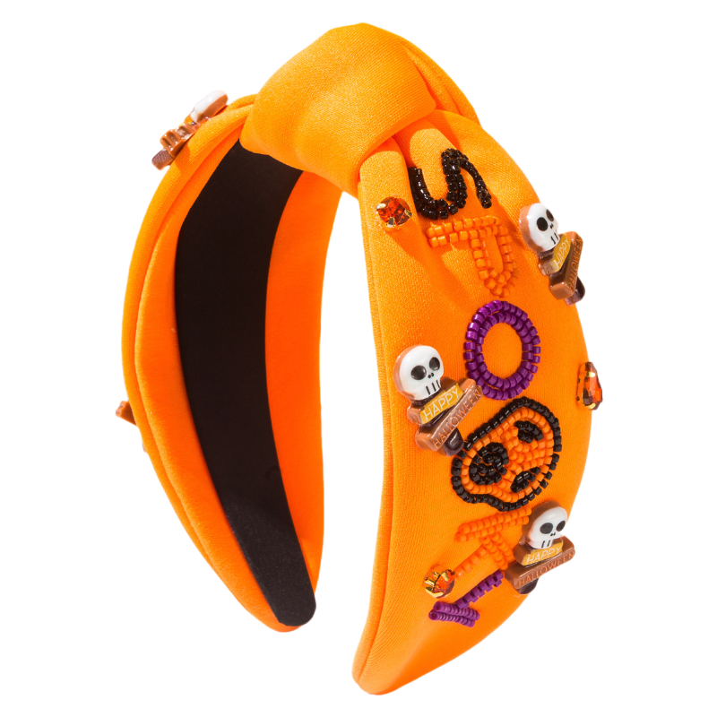 Halloween Fall Pumpkin Spooky Skull Headband Seed Beads Rhinestones Pearl Knot