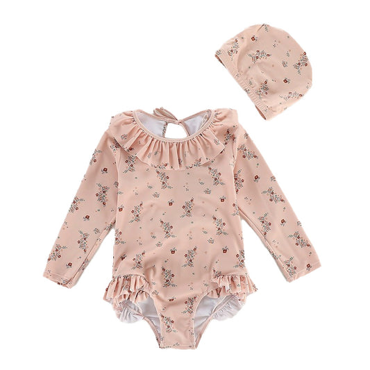 Girls' One-Piece Long Sleeve Swimsuit with Ruffled Hem