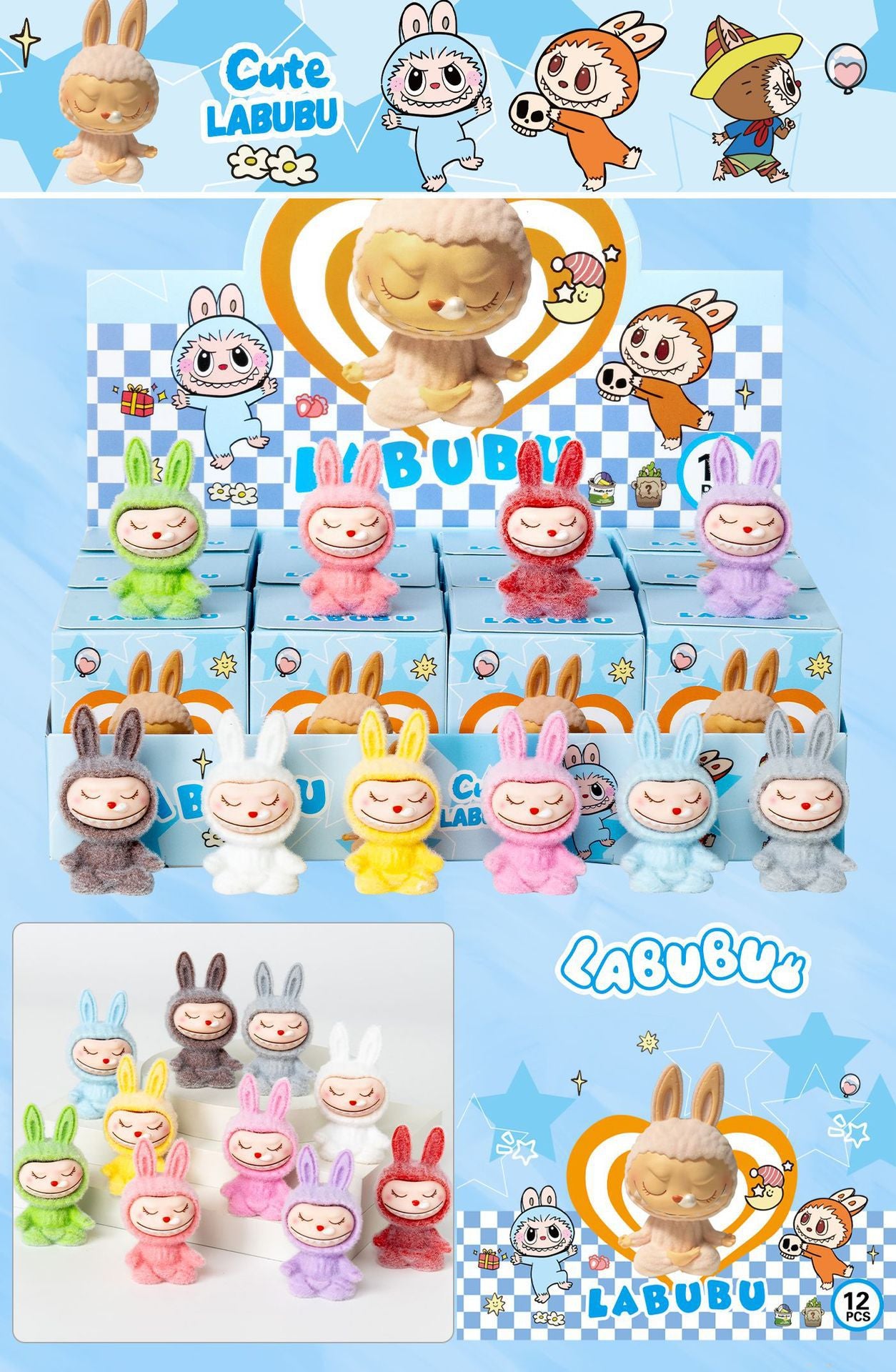 Labubu Flocked Vinyl Figure Collectible Toy Blind Box Surprise Trendy Desk Decor 12Pcs