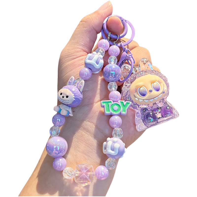 Labubu Sitting Keychain Cute Vinyl Figure Charm with Beaded Chain for Keys or Bag