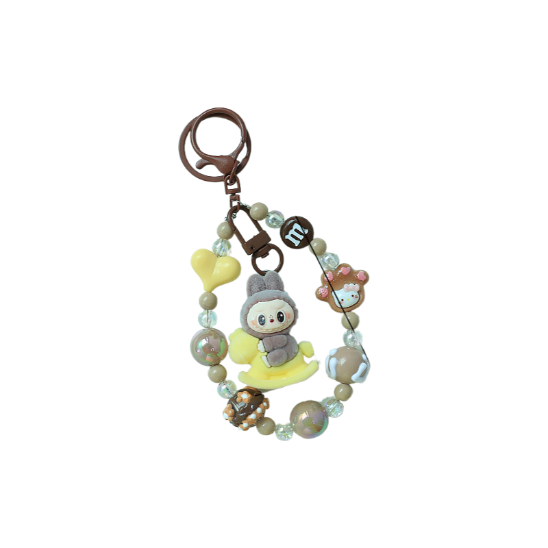 Flocked Labubu Keychain Rocking Horse Character Bag Charm Pendant with Chain