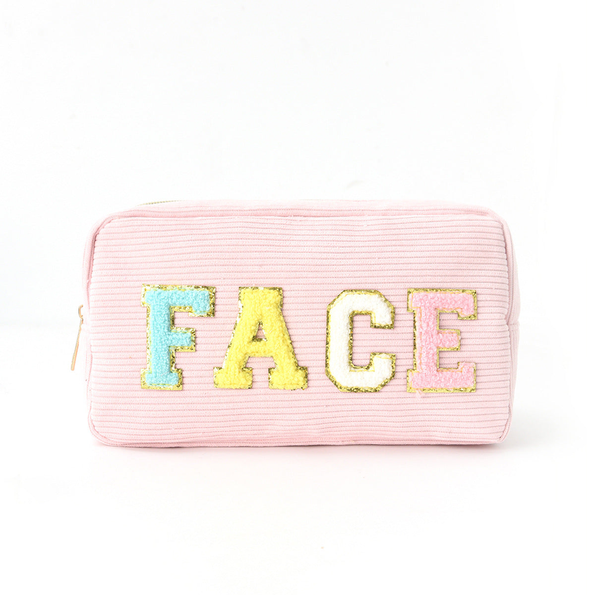 Corduroy Embroidered Makeup Bag with Letters, Portable Large Capacity Cosmetic & Toiletry Pouch