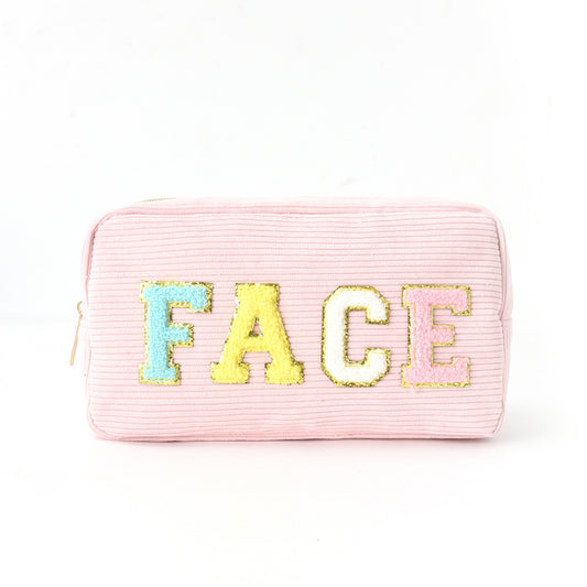 Corduroy Embroidered Makeup Bag with Letters, Portable Large Capacity Cosmetic & Toiletry Pouch