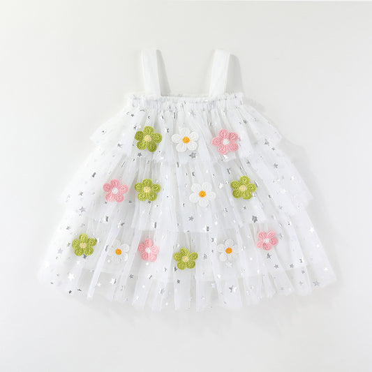 Girls Tulle Dress with 3D Flowers Layered Simple 3 Colors