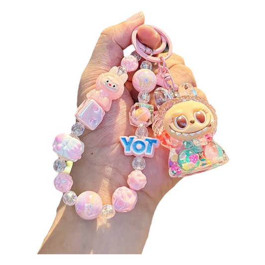 Labubu Sitting Keychain Cute Vinyl Figure Charm with Beaded Chain for Keys or Bag