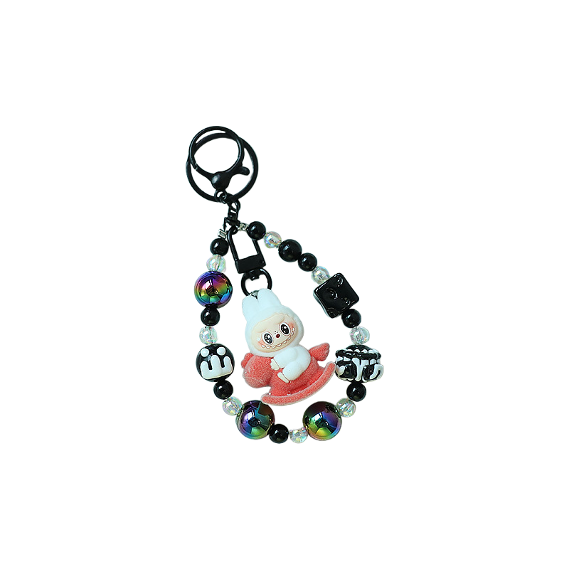 Flocked Labubu Keychain Rocking Horse Character Bag Charm Pendant with Chain