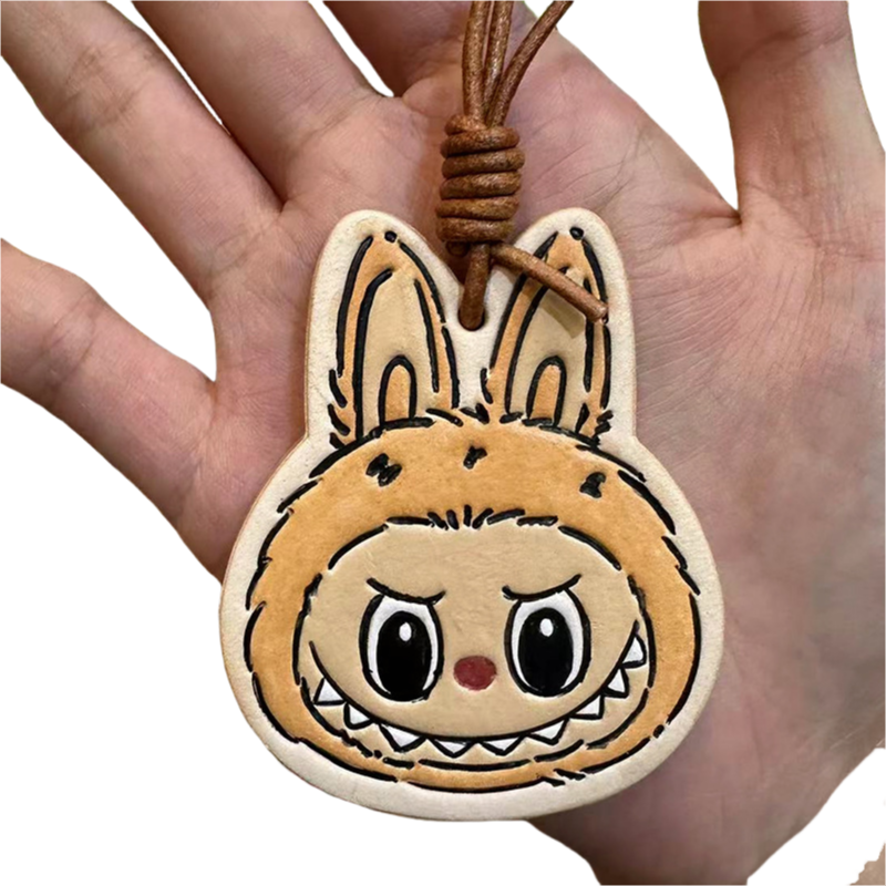 Handmade Leather Cartoon Bag Charm Cute Labubu Keychain Pendant