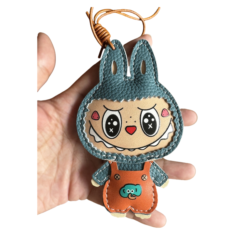 Handmade Leather Keychain Cartoon Labubu Bag Key Charm & Pendant