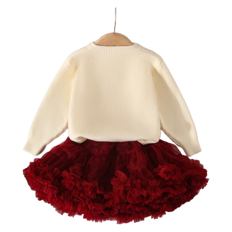 Girls Christmas Outfit Ivory Knit Cardigan with Red Bow & Buttons Red Tutu Skirt Set