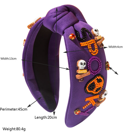 Halloween Fall Pumpkin Spooky Skull Headband Seed Beads Rhinestones Pearl Knot