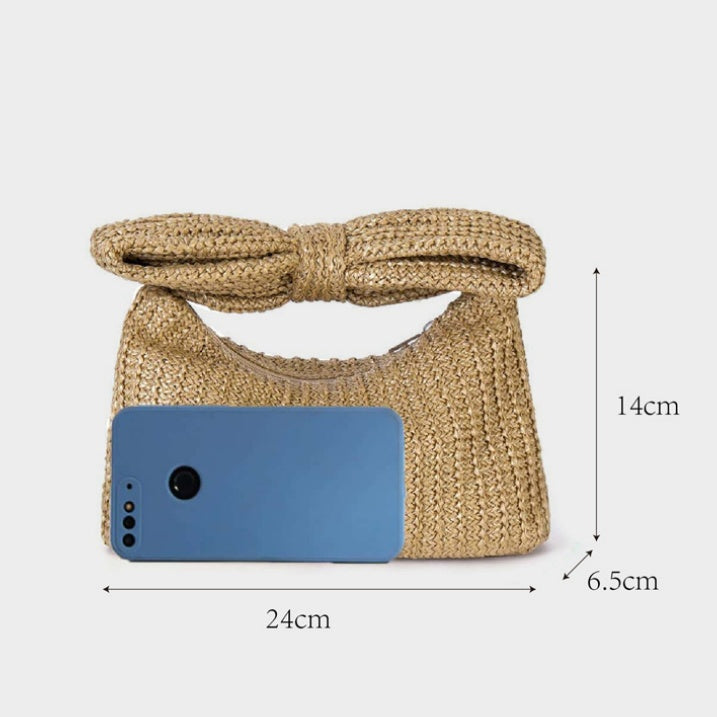 Bow Detail Woven Straw Clutch Handbag for Women