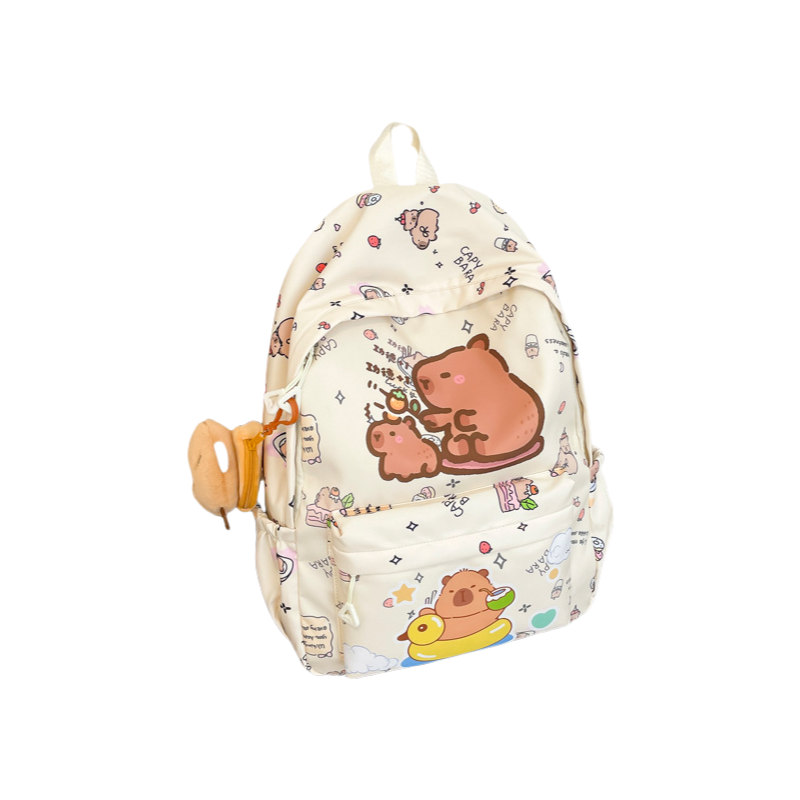 Capybara Print Trendy Print Large Backpack Back To School Bag With Plush Keychain