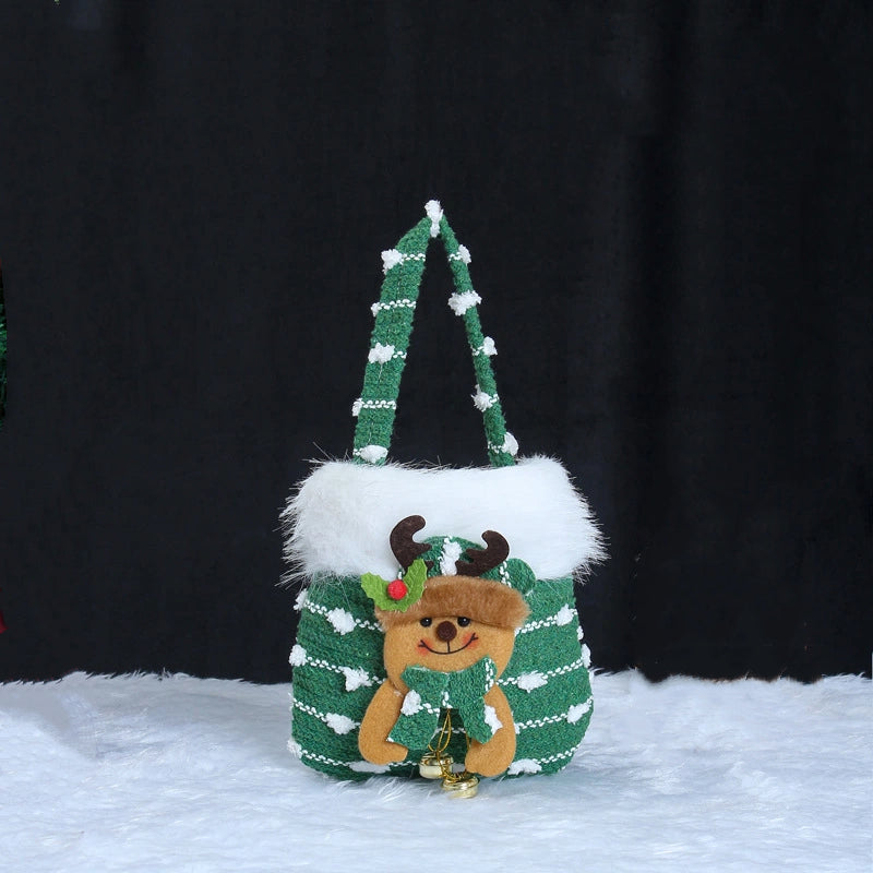 Christmas Plush Gift Bag with 3D Stuffed Toy Decoration, Candy Tote with Furry Trim