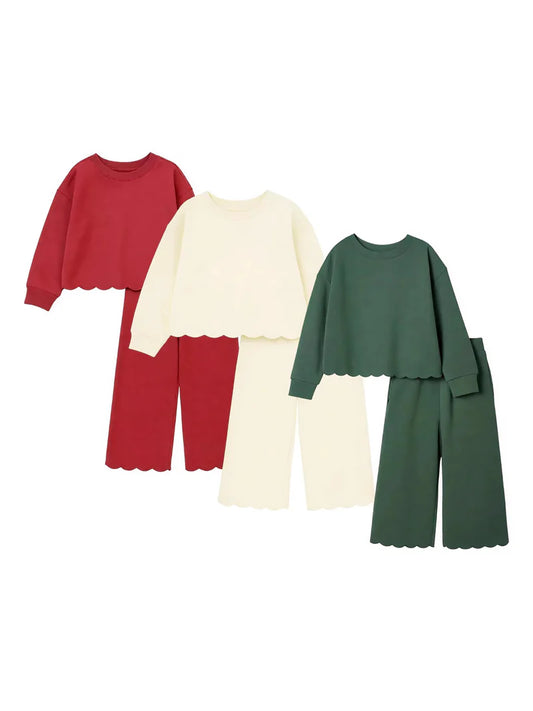Girls Fall Winter Cotton Scallop Two-Piece Set – Long Sleeve Sweatshirt & Wide Leg Pants