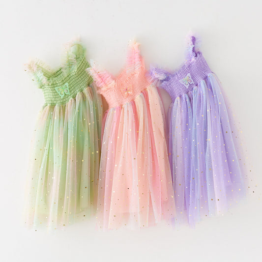 Children Bow Detail Smocked Tulle Strapless Puffy Party Dress