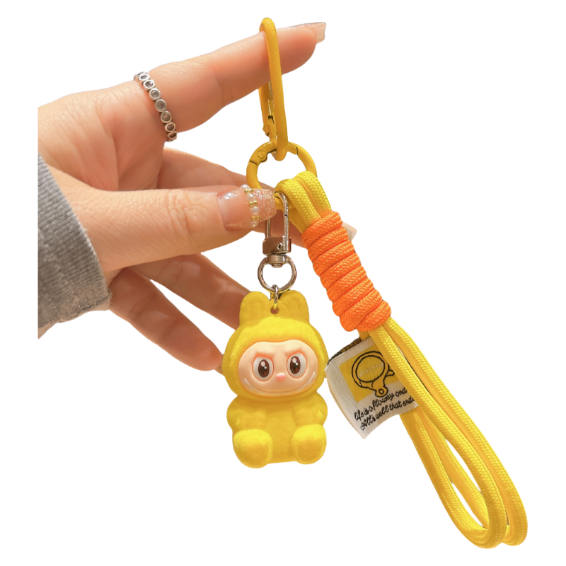Flocked Labubu Resin Keychain with Cute Strap Plush Bag Charm Accessory