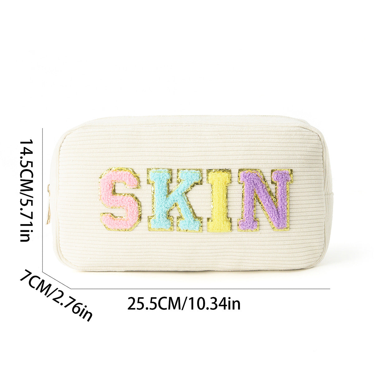 Corduroy Embroidered Makeup Bag with Letters, Portable Large Capacity Cosmetic & Toiletry Pouch