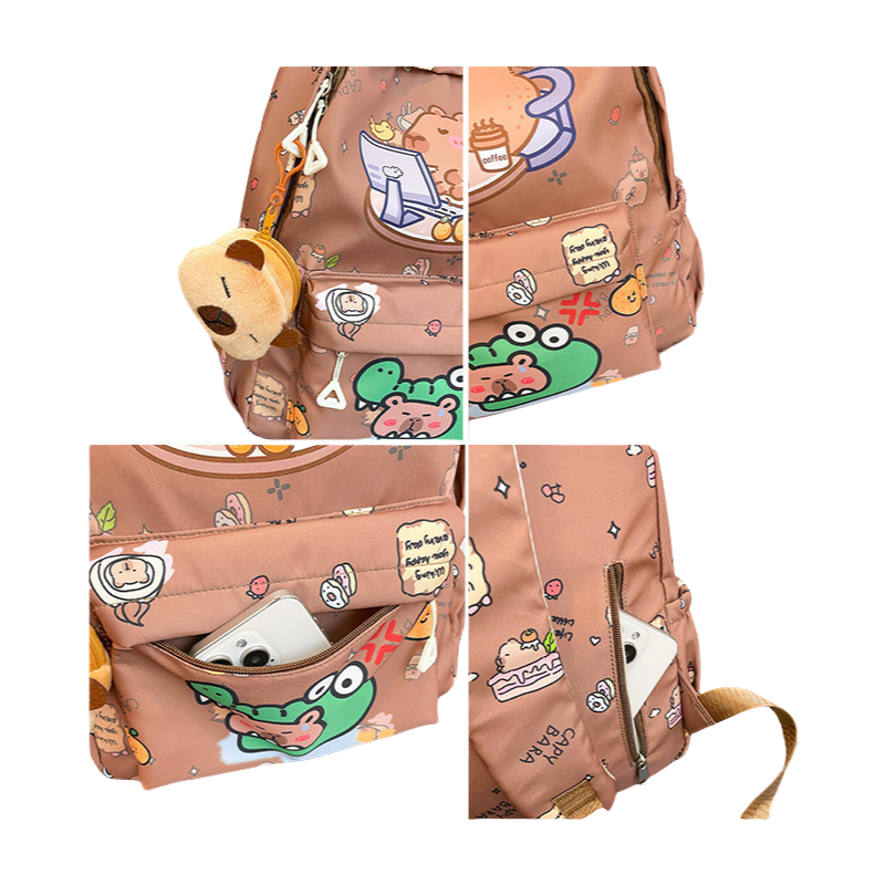 Capybara Print Trendy Print Large Backpack Back To School Bag With Plush Keychain