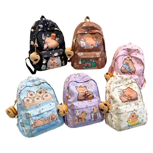 Capybara Print Trendy Print Large Backpack Back To School Bag With Plush Keychain