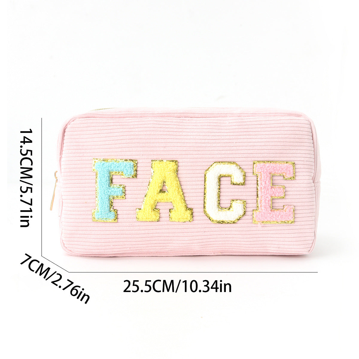 Corduroy Embroidered Makeup Bag with Letters, Portable Large Capacity Cosmetic & Toiletry Pouch