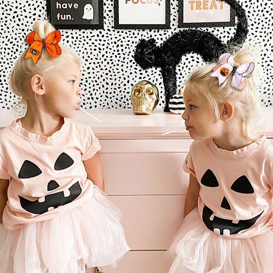 Halloween Embroidered Hair Bows Pumpkin & Spider Ribbon Clips with Scalloped Edges