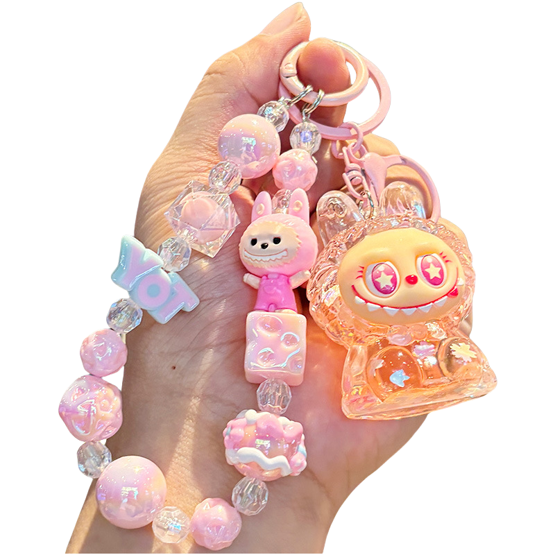 Labubu Sitting Keychain Cute Vinyl Figure Charm with Beaded Chain for Keys or Bag