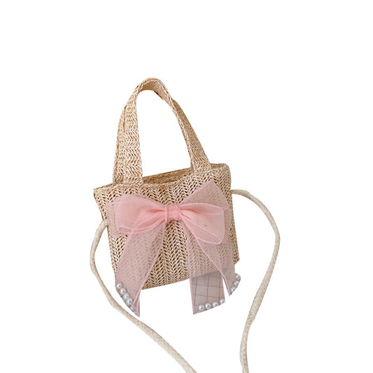 Spring Summer Kids Strawberry Bow Flower Straw Crossbody Bag