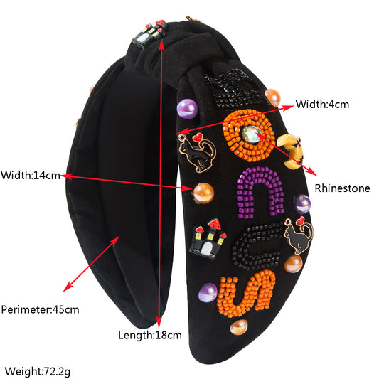 Halloween Fall Pumpkin Hocus Cat Headband Seed Beads Rhinestones Pearl Knot