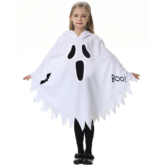 Kids Glow in the Dark Ghost Costume Halloween White and Black Cape with Light-Up Face