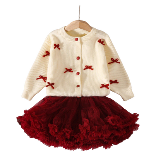 Girls Christmas Outfit Ivory Knit Cardigan with Red Bow & Buttons Red Tutu Skirt Set