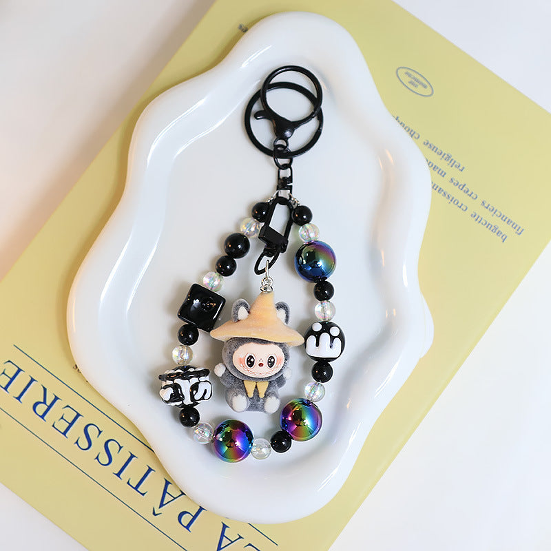 Flocked Labubu Keychain – Cute Character Bag Charm Pendant with Chain