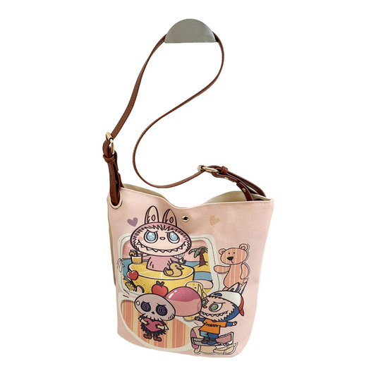Cartoon Labubu Canvas Bucket Bag Painted Crossbody & Shoulder Tote