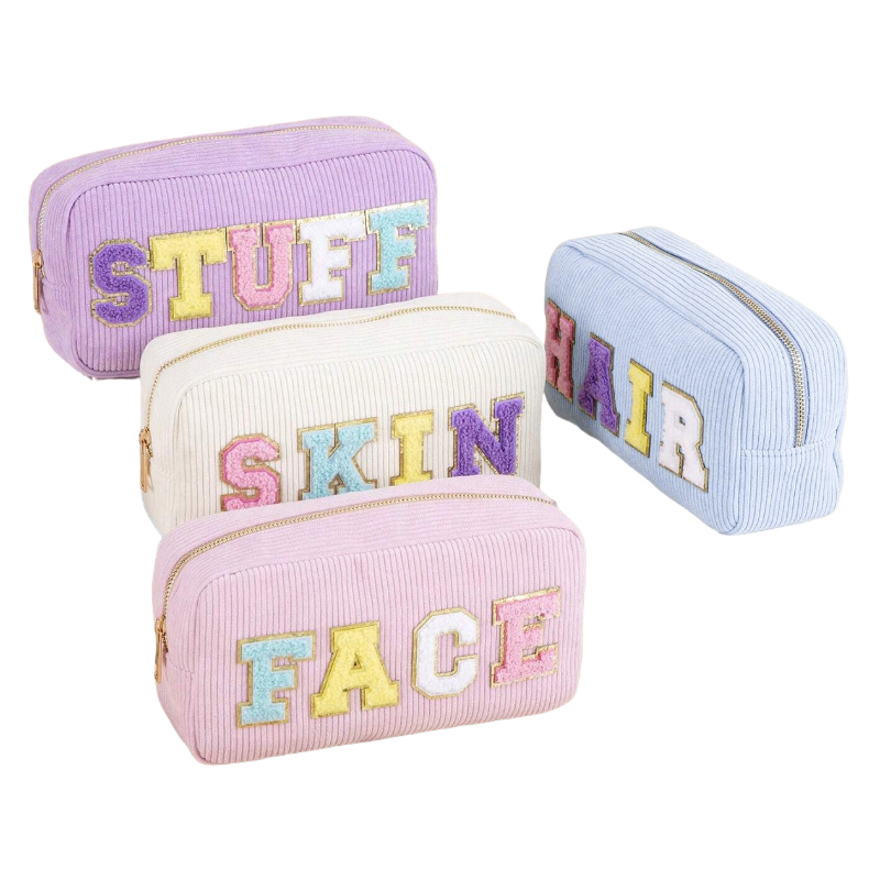 Corduroy Embroidered Makeup Bag with Letters, Portable Large Capacity Cosmetic & Toiletry Pouch