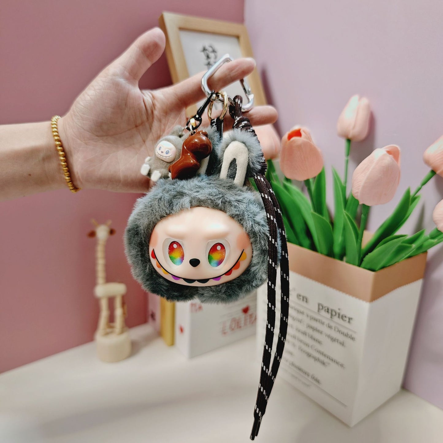 Plush Tie Dyed PVC Labubu Backpack Charm Keychain & Hanging Doll Accessory