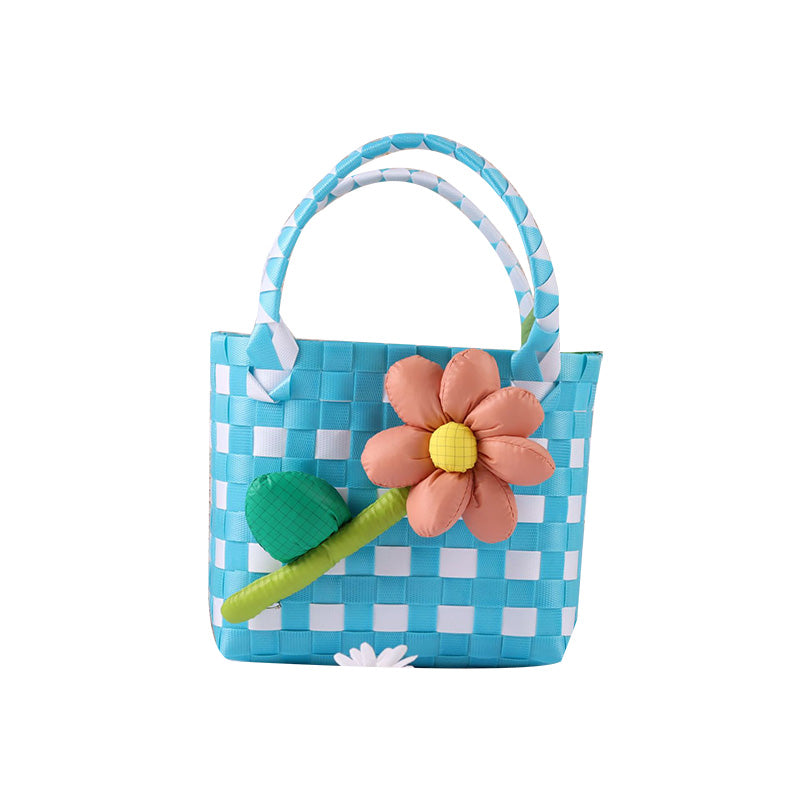 Kids' Woven Summer Colorful Checkered Flower Basket Bag