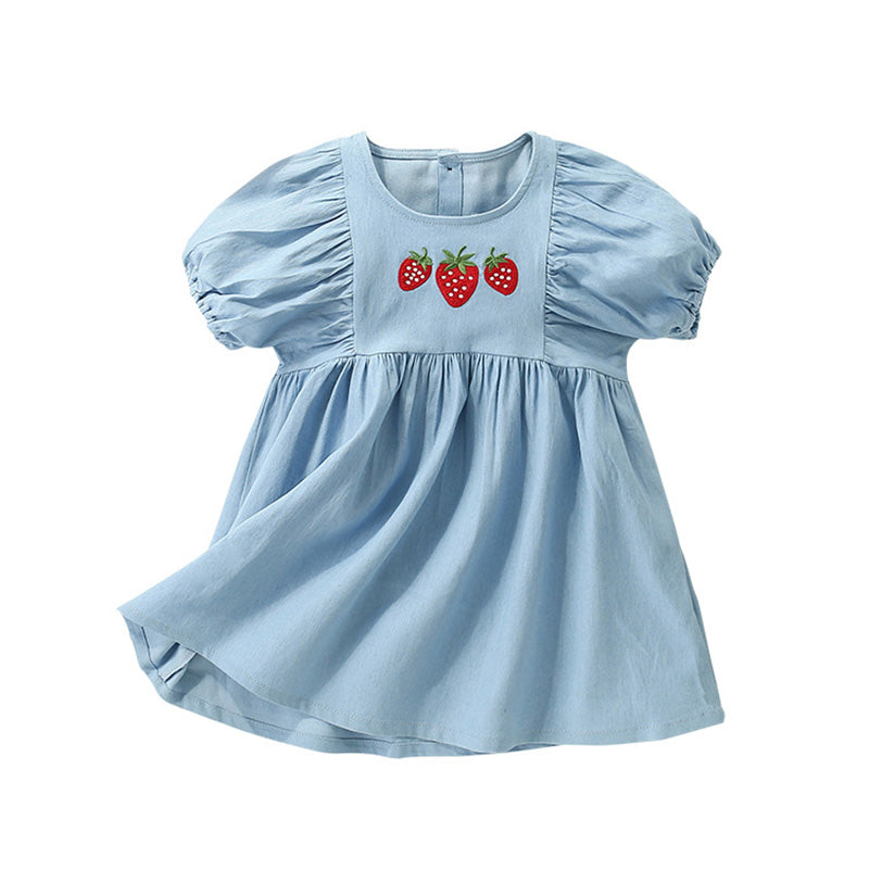 Girls' Summer Denim Dress with Strawberry Embroidery