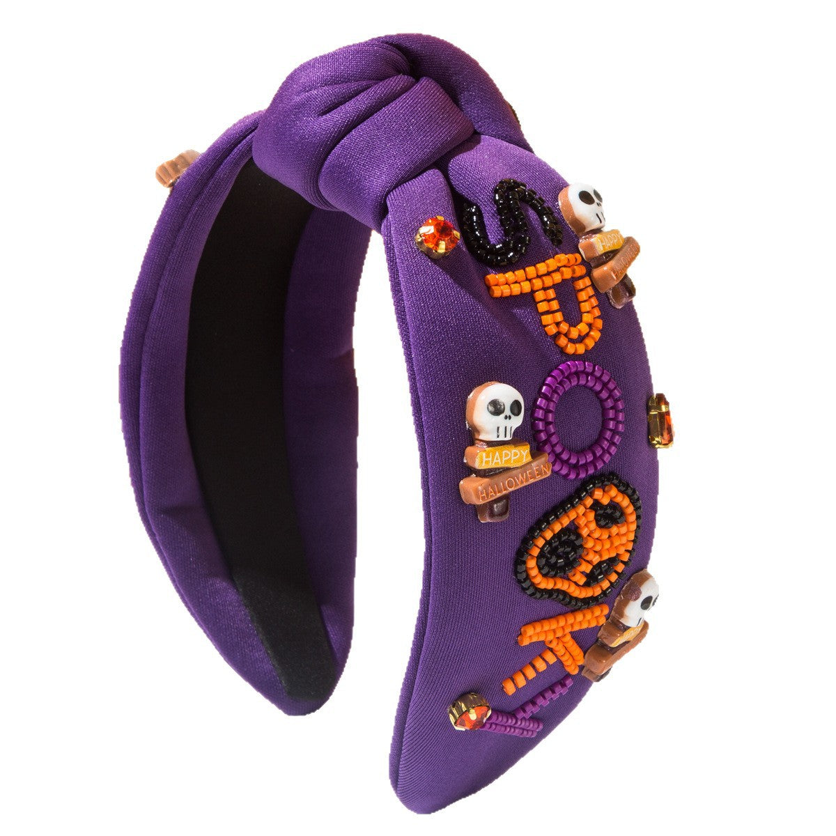 Halloween Fall Pumpkin Spooky Skull Headband Seed Beads Rhinestones Pearl Knot