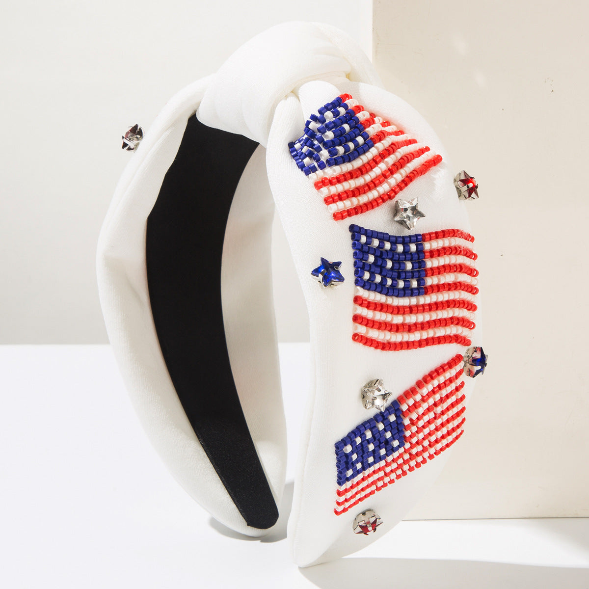 USA Flag Headband Seed Beads Rhinestones Pearl Patriotic Day
