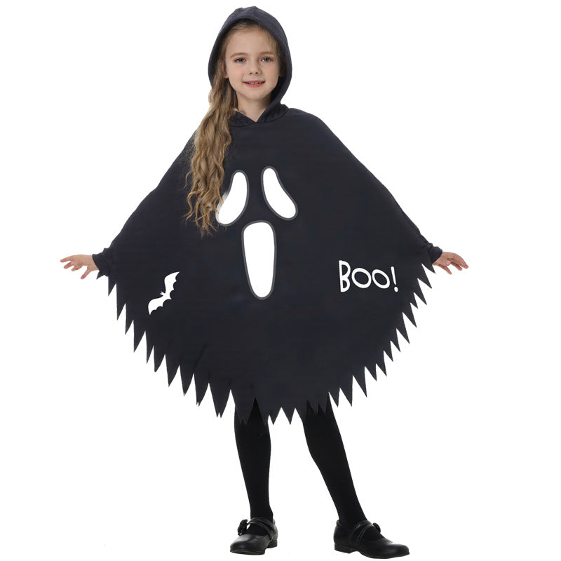 Kids Glow in the Dark Ghost Costume Halloween White and Black Cape with Light-Up Face