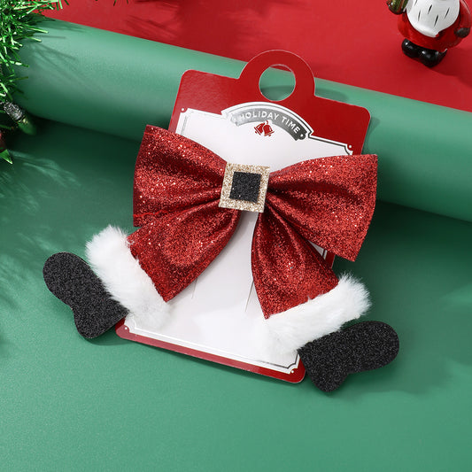 Christmas Glitter Bow Hair Clip with Santa Belt and Furry Trim Holiday Hair Accessory