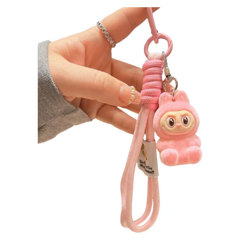 Flocked Labubu Resin Keychain with Cute Strap Plush Bag Charm Accessory