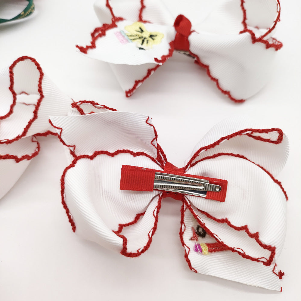 Christmas Santa Claus Candy Cane Embroidery Hair Clips Bow Hairpins Girls