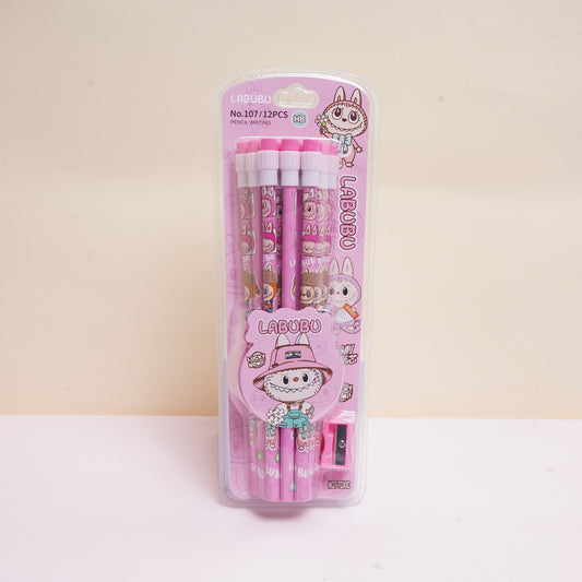 12-Pack Labubu Pencil Set with Sharpener – Cute Cartoon Office & School Stationery Supplies