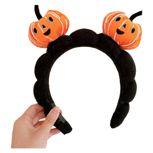 Halloween Pumpkin Plush Headband & Wristband Set – Funny Spa Hair Band with Cloud Cuffs