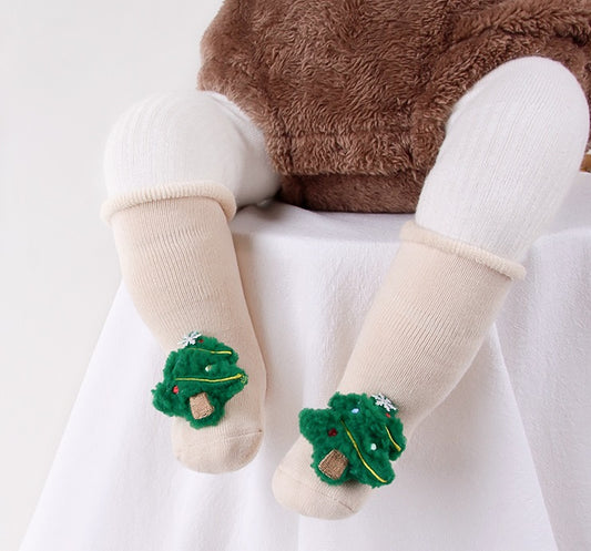 Newborn Baby Christmas Socks Red Combed Cotton Thick Fleece-Lined Non-Slip Floor Socks for Winter